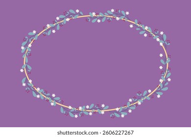 Yellow Oval Circle Wreath Border Frame With Green Leaves And White Flowers Decoration