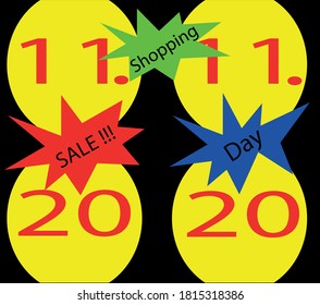 
yellow ovals with the words "11.11. 2020" on a black background and with octagonal stars with the words "day" "world" "sale"