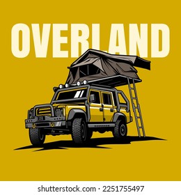 Yellow overlander car vector illustration. Has a roof top tent, roof racks, and a front bumper. Perfect for use as posters, banners, t-shirts and logos.