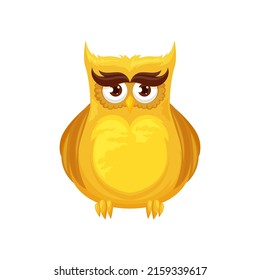 Yellow owl wisdom symbol isolated wise cartoon bird. Vector nocturnal cartoon bird, predator feathered animal, howlet with eyebrows. Owlet night-bird symbol of wisdom, horns and big round eyes
