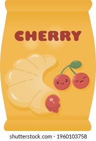 Yellow pack or wrap for a croissant with cherry filling. Cute smiling cherry. Vector illustration.