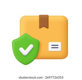 Caja de paquete amarillo con escudo verde y símbolo de marca de verificación blanca. Entrega segura, envío seguro, servicio confiable y concepto de seguro. Icono de Vector 3D. Estilo minimalista de dibujos animados.