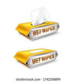 Yellow Package  With Disposable Wet Napkins. Vector Wet Wipes Open And Close