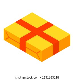 Yellow packed gift box icon. Isometric of yellow packed gift box vector icon for web design isolated on white background