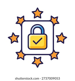 A yellow padlock with a checkmark surrounded by stars