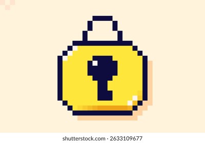 Yellow padlock drawn in pixel art 8 bit style.
