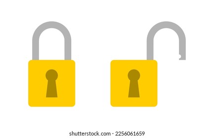 Yellow padlock key vintage keyhole lock and unlock drawing doodle icon on white background flat vector design