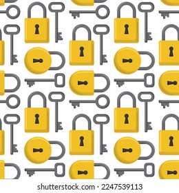 Yellow padlocks and grey keys. Seamless pattern with colorful locks and keys on a white background.