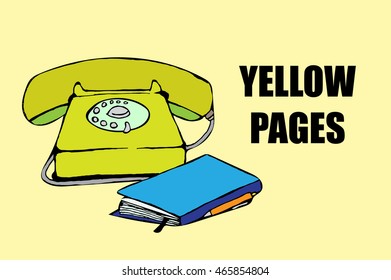 Yellow pages. Retro styled telephone. Blue book. Hand drawn vector stock illustration.