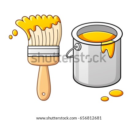 Yellow paint brush and bucket can.