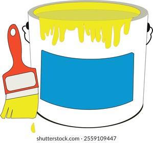 Yellow paint bucket with paint brush