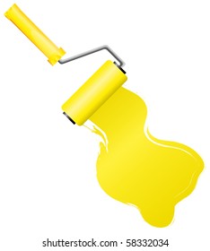 Yellow paint roller brush with yellow paint , vector illustration