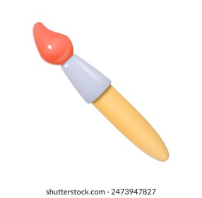 Yellow paintbrush with red bristles isolated. 3D vector illustration. Icon for stationery and hobby products. Art and creativity concept.