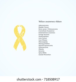 Yellow painted awareness ribbon. Bladder Cancer, Endometriosis, Hydrocephalus, Liver Disease, Missing Children, Microcephaly. Isolated icon. List of meanings, symbol, name of color.