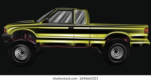 Yellow and painted racing car. Isolated in black background, for t-shirt design, print. and for business purposes.