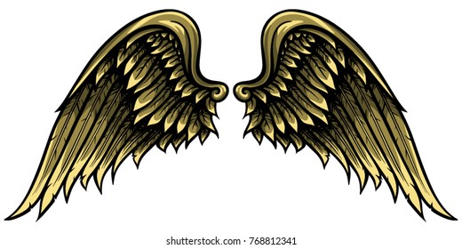 Yellow pair of wings with detailed feathers vector image. Hand drawn heraldic symbol.