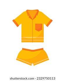 Yellow pajama sticker concept. Shorts and tshirts. Fashion, trend and style. Rest, dream and relax. Poster or banner. Cartoon flat vector illustration isolated on white background