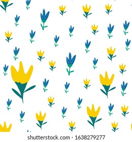 yellow and pale blue tulips on a white background. Perfect for fabric design, gift wrapping, spring greeting cards, or website backgrounds.