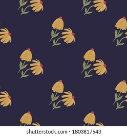 Yellow pale little flower silhouettes seamless pattern. Dark navy blue background. Minimalistic design. Designed for wallpaper, textile, wrapping paper, fabric print. Vector illustration.