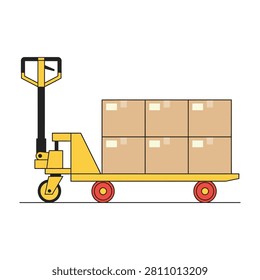 A yellow pallet jack with cardboard boxes on a platform truck, industrial setting