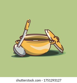 la sartén amarilla está llena de sopa fría sobre fondo verde claro 