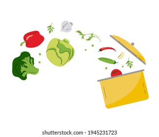 Yellow pan with various vegetables. Cooking a soup. Healthy home food. Flat vector illustration with pepper, cabbage, tomato, broccoli, parsley, green pea and garlic.