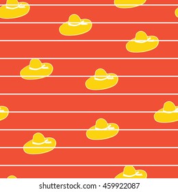 yellow panama hat on a red background. Strips. Vector seamless pattern . Marine theme. 