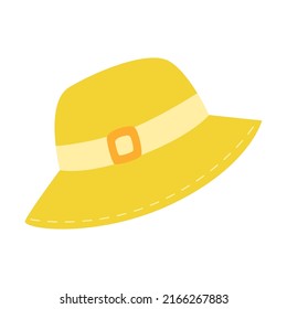 Yellow panama. Summer sun hat. Headdress. Personal accessory for hiking, tourism, travel, vacation. Flat vector illustration isolated on a white background.