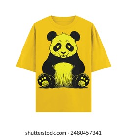 a yellow panda bear with a black and white picture on the front of his shirt.
