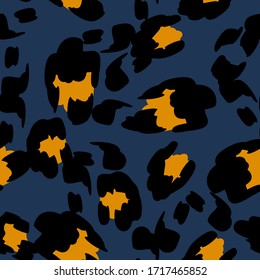 Yellow Panther Vector Seamless Pattern Blue Background. Handmade Cheetah Printed Tie. Bohemian Leopard Designs. Black Crumpled Jaguar Carpet Grunge Painting Texture.