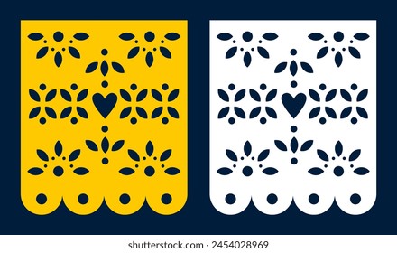 Yellow papel picado template. Sample of papel picado for Mexican festival. 