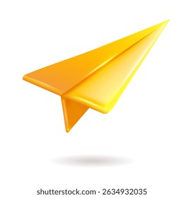A yellow paper airplane flies in the air on a white background in a realistic 3D style