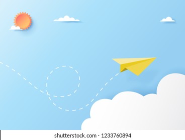 Yellow paper airplane flying on clouds and blue sky paper art style.Vector illustration.
