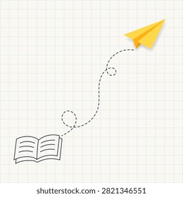 Yellow Paper Airplane Flying from Open Book with Dotted Curved Path on Light Square Grid Notebook Background, Education, Learning, Creativity and Imagination Concept with Copy Space