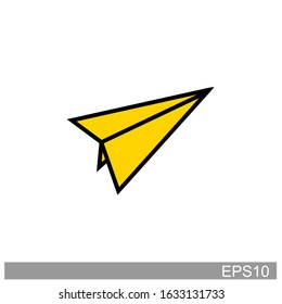 yellow paper airplane icon with black outline.vector illustration