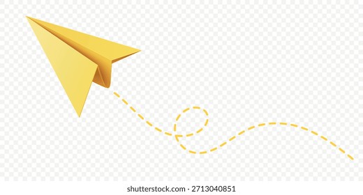 Yellow Paper Airplane Icon, Vector Illustration. Flying Paper Plane with Dotted Line Trail. Email, Message Symbol. 3d Yellow Paper Airplane, Isolated.