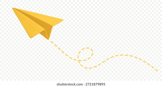Icono de avión de papel amarillo, Ilustración vectorial. Avión de papel volador con rastro de línea punteada. Correo electrónico, símbolo de mensaje. Avión de papel amarillo 3d, aislado