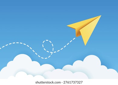 Yellow Paper Airplane Icon, Vector Illustration. Flying Paper Plane with Dotted Line Trail. Email, Message Symbol. 3d Yellow Paper Airplane on Blue Sky Background