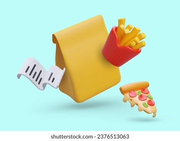 Yellow paper bag, french fries, slice of hot pizza, cash receipt. Concept of buying street food. Placement and payment of take out order. Bright vector advertising in cartoon style