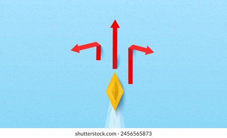 Yellow paper boat with choice arrows and navigation arrow to destination. Business leadership, Leadership, teamwork, start up. Vector illustrations
