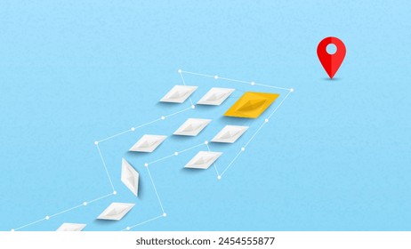 Yellow paper boat leads among white boat to destination. Business leadership, Leadership, teamwork, start up. Vector illustrations