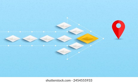 Yellow paper boat leads among white boat to destination. Business leadership, Leadership, teamwork, start up. Vector illustrations