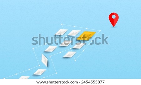 Yellow paper boat leads among white boat to destination. Business leadership, Leadership, teamwork, start up. Vector illustrations