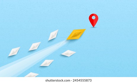 Yellow paper boat racing white paper boat to destination. Leader, leadership ,business ,competition, vision, start up. Vector illustrations