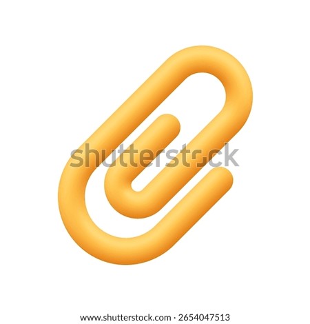Yellow paper clip. Attachment, documents, office supplies, organization and file management concept. 3d vector icon. Cartoon minimal style.
