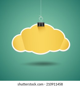 Yellow paper cloud shape origami with binder clip design, on green background, vector illustration