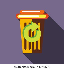 Yellow paper cup with green circular arrow icon in flat style on a lavender background