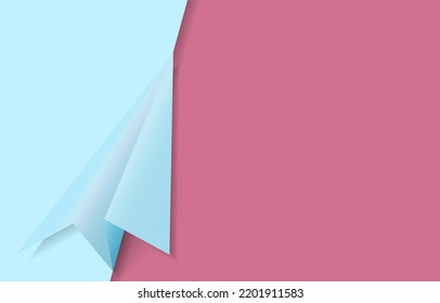 Yellow paper cut airplane on pastel background. Minimal flat pink and blue vector background