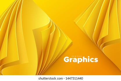 Yellow paper cut background. Abstract realistic papercut decoration textured with wavy layers. Orange paper sheets with curled corners. Vector illustration. Cover layout template.
