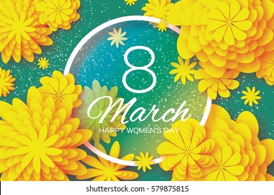 Yellow Paper Cut Flower. 8 March. Women's Day Greeting card. Origami Floral bouquet. Circle frame. Space for text on green background. Happy Mother's Day. Vector Spring illustration